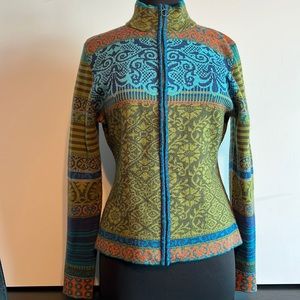 Women’s medium wool vintage Icelandic, zip up sweater, green turquoise, orange